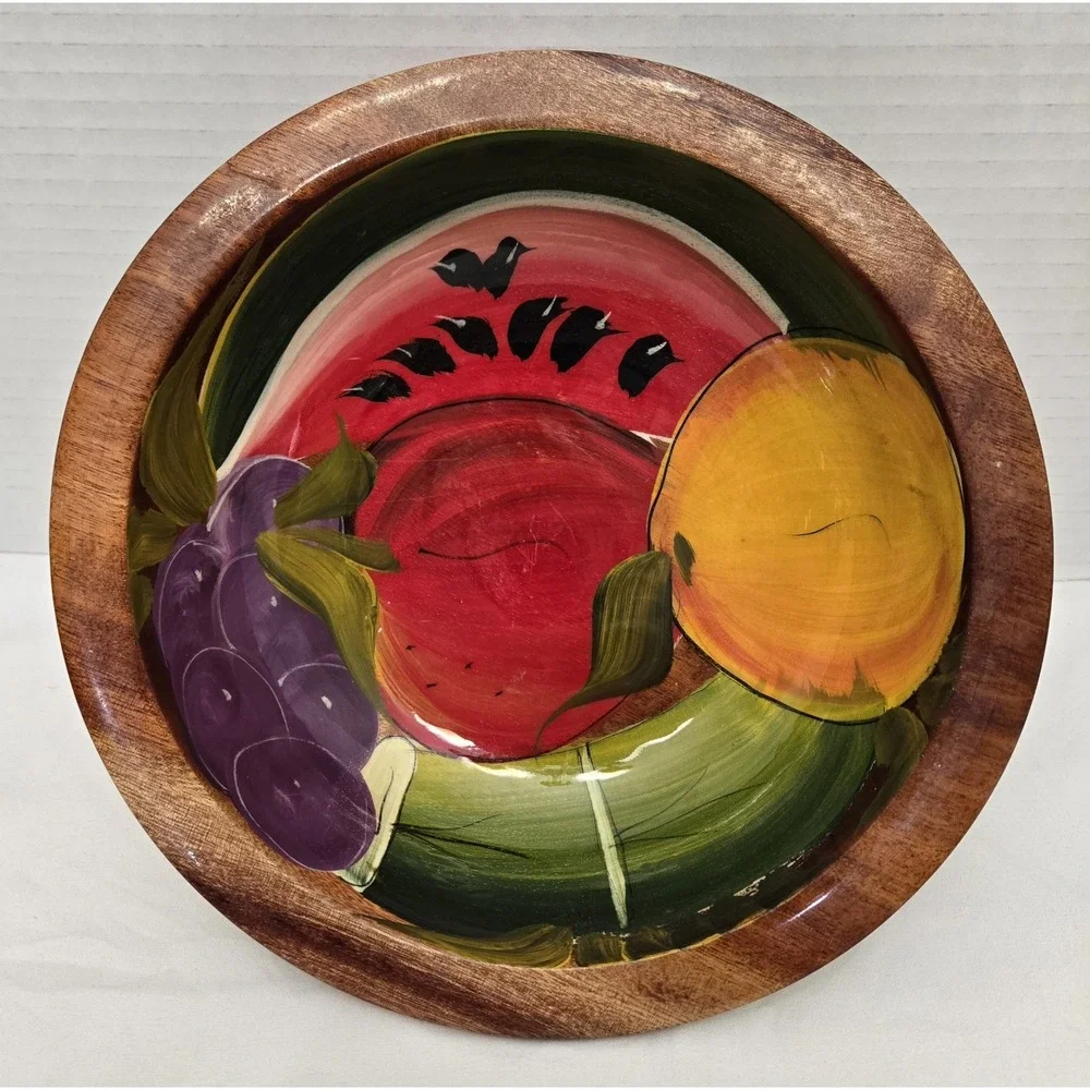 Vtg Hand Painted Mexican Wood Bowl Vibrant Fruit Folk Art Olinala Style Signed